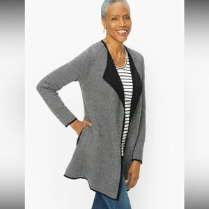 Talbots Black and Gray Chevron Merino Wool Waterfall Cardigan